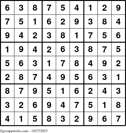 The grouppuzzles.com Answer grid for the Sudoku puzzle for Monday October 27, 2025