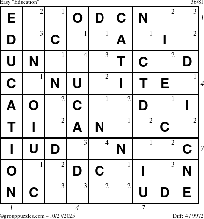 The grouppuzzles.com Easy Education-c1 puzzle for Monday October 27, 2025 with all 4 steps marked