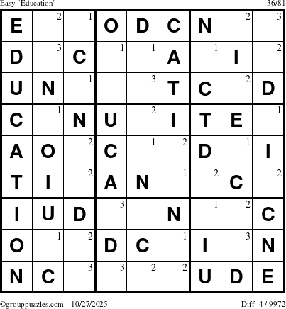 The grouppuzzles.com Easy Education-c1 puzzle for Monday October 27, 2025 with the first 3 steps marked