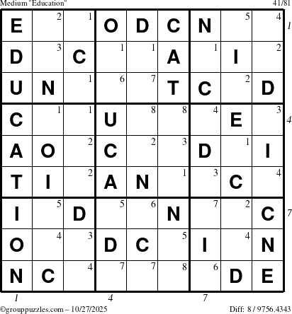 The grouppuzzles.com Medium Education-c1 puzzle for Monday October 27, 2025, suitable for printing, with all 8 steps marked