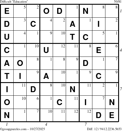 The grouppuzzles.com Difficult Education-c1 puzzle for Monday October 27, 2025, suitable for printing, with all 12 steps marked