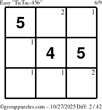 The grouppuzzles.com Easy TicTac-456 puzzle for Monday October 27, 2025 with the first 2 steps marked