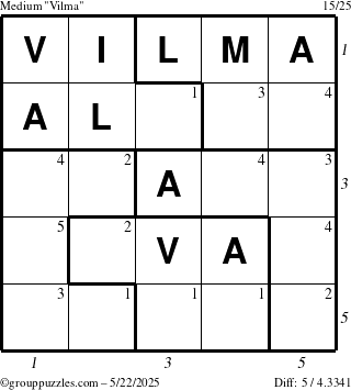 The grouppuzzles.com Medium Vilma puzzle for Thursday May 22, 2025, suitable for printing, with all 5 steps marked
