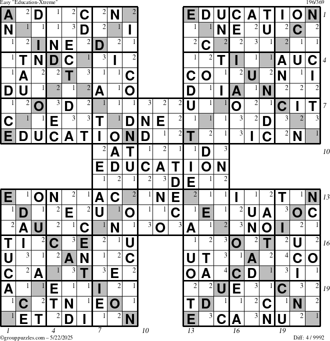 The grouppuzzles.com Easy Education-Xtreme puzzle for Thursday May 22, 2025, suitable for printing, with all 4 steps marked