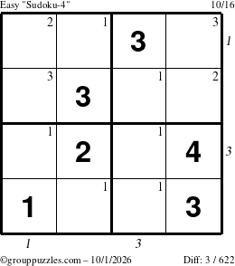 The grouppuzzles.com Easy Sudoku-4 puzzle for Thursday October 1, 2026, suitable for printing, with all 3 steps marked