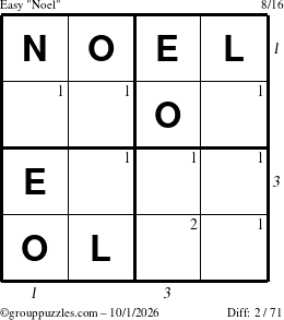 The grouppuzzles.com Easy Noel puzzle for Thursday October 1, 2026, suitable for printing, with all 2 steps marked