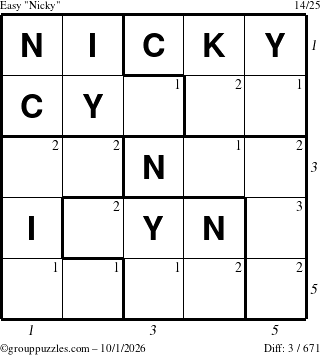 The grouppuzzles.com Easy Nicky puzzle for Thursday October 1, 2026 with all 3 steps marked