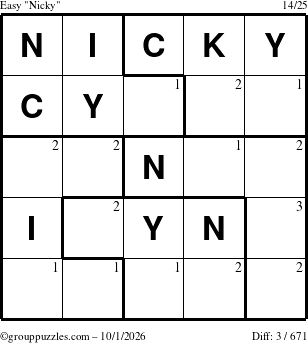 The grouppuzzles.com Easy Nicky puzzle for Thursday October 1, 2026 with the first 3 steps marked
