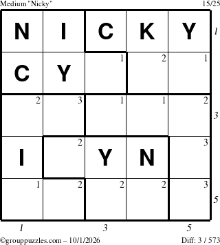 The grouppuzzles.com Medium Nicky puzzle for Thursday October 1, 2026, suitable for printing, with all 3 steps marked