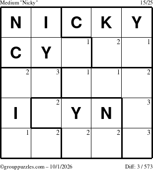 The grouppuzzles.com Medium Nicky puzzle for Thursday October 1, 2026 with the first 3 steps marked