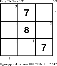 The grouppuzzles.com Easy TicTac-789 puzzle for Thursday October 1, 2026, suitable for printing, with all 2 steps marked