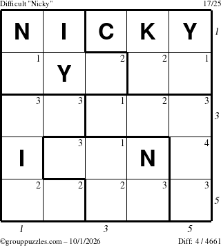The grouppuzzles.com Difficult Nicky puzzle for Thursday October 1, 2026, suitable for printing, with all 4 steps marked