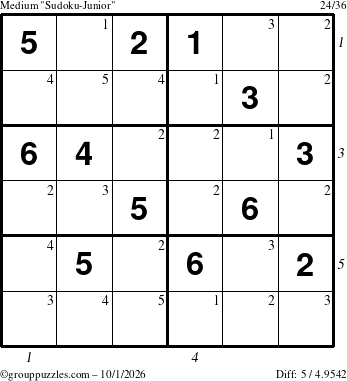 The grouppuzzles.com Medium Sudoku-Junior puzzle for Thursday October 1, 2026 with all 5 steps marked