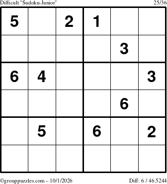 The grouppuzzles.com Difficult Sudoku-Junior puzzle for Thursday October 1, 2026