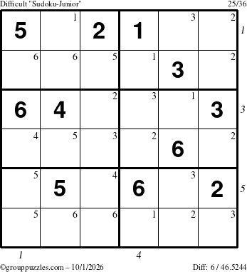 The grouppuzzles.com Difficult Sudoku-Junior puzzle for Thursday October 1, 2026, suitable for printing, with all 6 steps marked