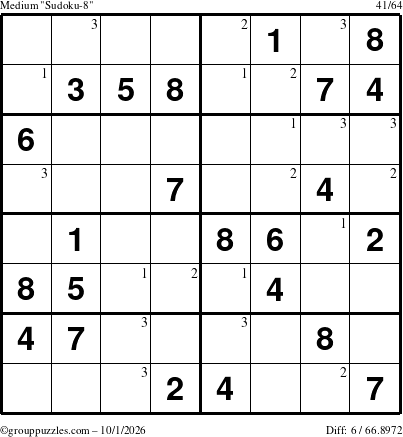 The grouppuzzles.com Medium Sudoku-8 puzzle for Thursday October 1, 2026 with the first 3 steps marked