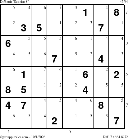 The grouppuzzles.com Difficult Sudoku-8 puzzle for Thursday October 1, 2026 with all 7 steps marked