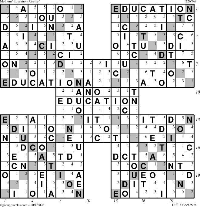 The grouppuzzles.com Medium Education-Xtreme puzzle for Thursday October 1, 2026, suitable for printing, with all 7 steps marked