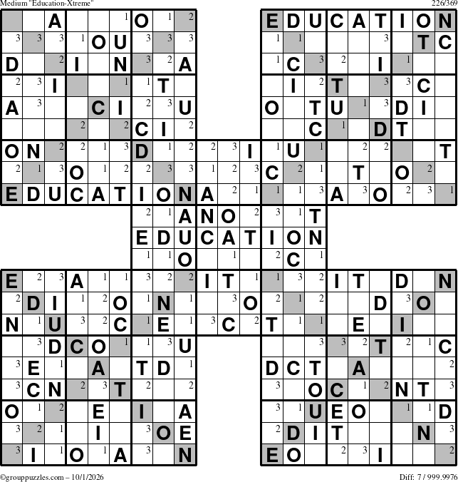 The grouppuzzles.com Medium Education-Xtreme puzzle for Thursday October 1, 2026 with the first 3 steps marked