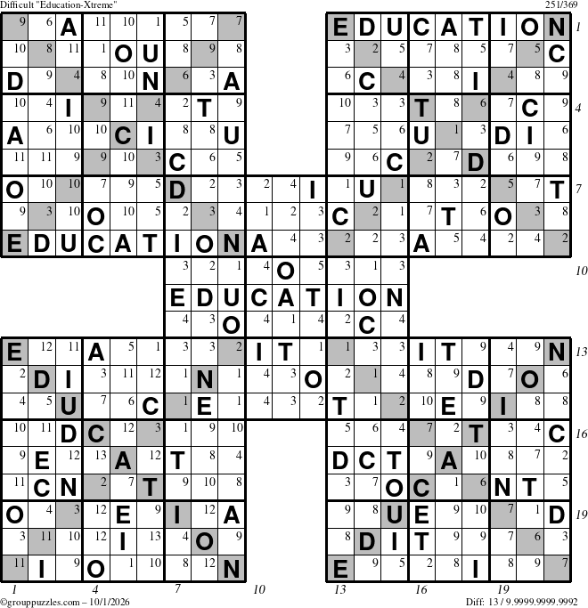 The grouppuzzles.com Difficult Education-Xtreme puzzle for Thursday October 1, 2026, suitable for printing, with all 13 steps marked