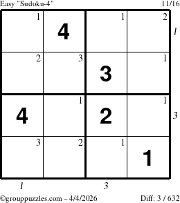 The grouppuzzles.com Easy Sudoku-4 puzzle for Saturday April 4, 2026, suitable for printing, with all 3 steps marked