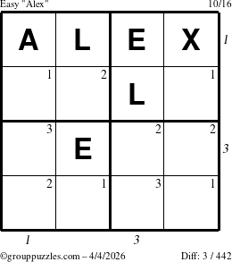 The grouppuzzles.com Easy Alex puzzle for Saturday April 4, 2026 with all 3 steps marked