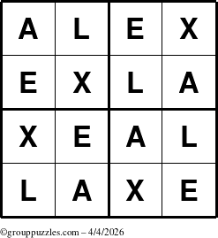 The grouppuzzles.com Answer grid for the Alex puzzle for Saturday April 4, 2026
