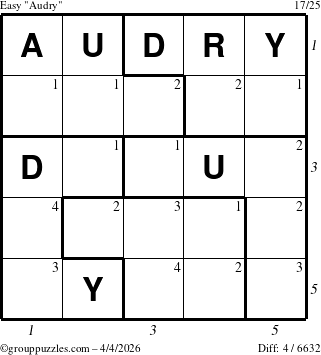 The grouppuzzles.com Easy Audry puzzle for Saturday April 4, 2026, suitable for printing, with all 4 steps marked