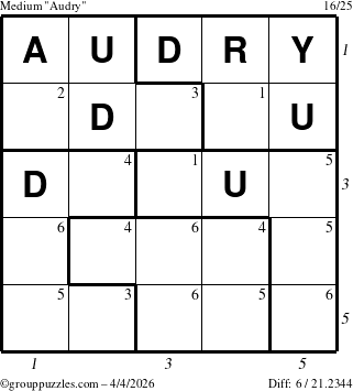 The grouppuzzles.com Medium Audry puzzle for Saturday April 4, 2026, suitable for printing, with all 6 steps marked