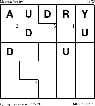 The grouppuzzles.com Medium Audry puzzle for Saturday April 4, 2026 with the first 3 steps marked