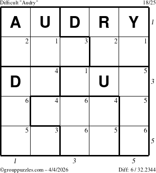 The grouppuzzles.com Difficult Audry puzzle for Saturday April 4, 2026, suitable for printing, with all 6 steps marked