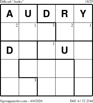 The grouppuzzles.com Difficult Audry puzzle for Saturday April 4, 2026 with the first 3 steps marked