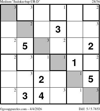 The grouppuzzles.com Medium Sudoku-6up-UR-D puzzle for Saturday April 4, 2026 with the first 3 steps marked