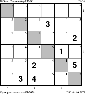 The grouppuzzles.com Difficult Sudoku-6up-UR-D puzzle for Saturday April 4, 2026, suitable for printing, with all 6 steps marked