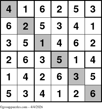 The grouppuzzles.com Answer grid for the Sudoku-6up-UR-D puzzle for Saturday April 4, 2026