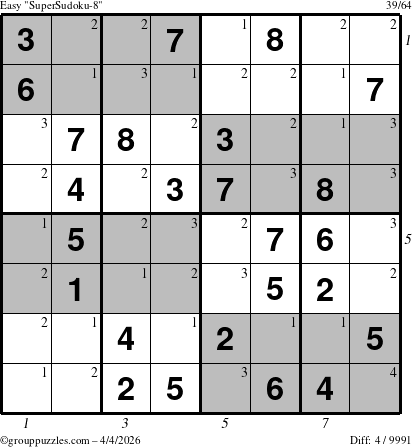 The grouppuzzles.com Easy SuperSudoku-8 puzzle for Saturday April 4, 2026, suitable for printing, with all 4 steps marked