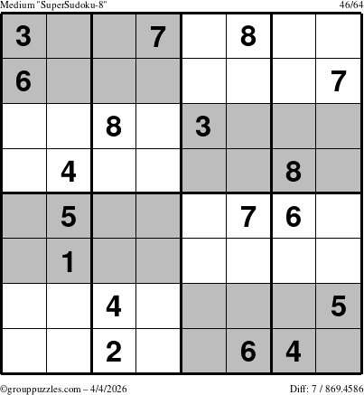 The grouppuzzles.com Medium SuperSudoku-8 puzzle for Saturday April 4, 2026