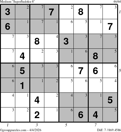 The grouppuzzles.com Medium SuperSudoku-8 puzzle for Saturday April 4, 2026, suitable for printing, with all 7 steps marked