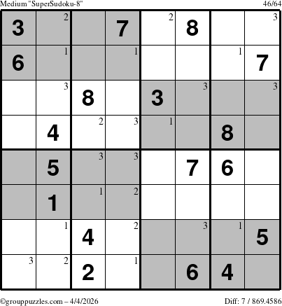 The grouppuzzles.com Medium SuperSudoku-8 puzzle for Saturday April 4, 2026 with the first 3 steps marked