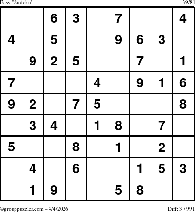 The grouppuzzles.com Easy Sudoku puzzle for Saturday April 4, 2026