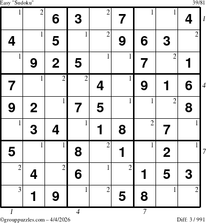 The grouppuzzles.com Easy Sudoku puzzle for Saturday April 4, 2026 with all 3 steps marked