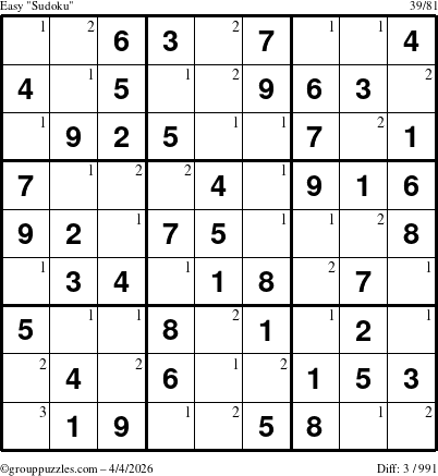 The grouppuzzles.com Easy Sudoku puzzle for Saturday April 4, 2026 with the first 3 steps marked
