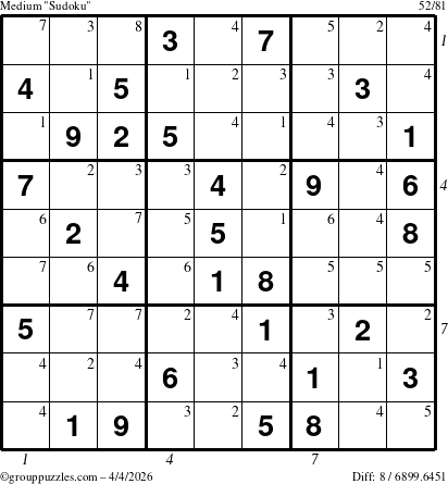 The grouppuzzles.com Medium Sudoku puzzle for Saturday April 4, 2026, suitable for printing, with all 8 steps marked