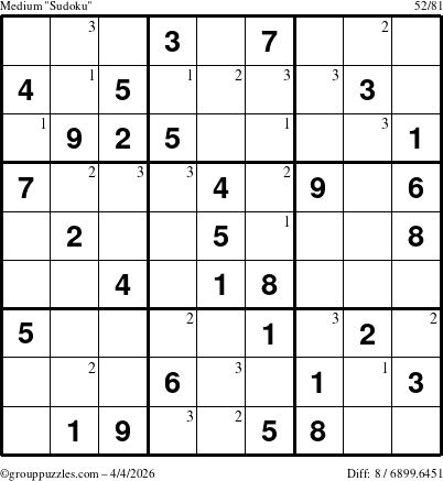 The grouppuzzles.com Medium Sudoku puzzle for Saturday April 4, 2026 with the first 3 steps marked