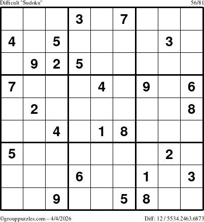 The grouppuzzles.com Difficult Sudoku puzzle for Saturday April 4, 2026