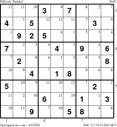 The grouppuzzles.com Difficult Sudoku puzzle for Saturday April 4, 2026 with all 12 steps marked