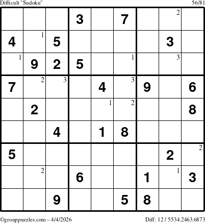 The grouppuzzles.com Difficult Sudoku puzzle for Saturday April 4, 2026 with the first 3 steps marked