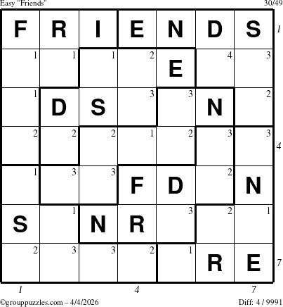 The grouppuzzles.com Easy Friends puzzle for Saturday April 4, 2026, suitable for printing, with all 4 steps marked