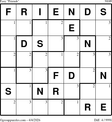 The grouppuzzles.com Easy Friends puzzle for Saturday April 4, 2026 with the first 3 steps marked