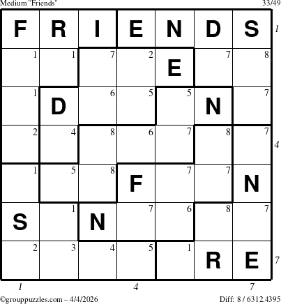 The grouppuzzles.com Medium Friends puzzle for Saturday April 4, 2026 with all 8 steps marked